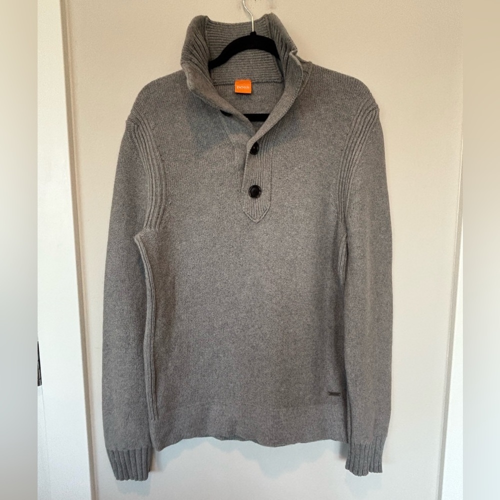 Hugo Boss Men's Wool Gray Button Shawl Collar Sweater